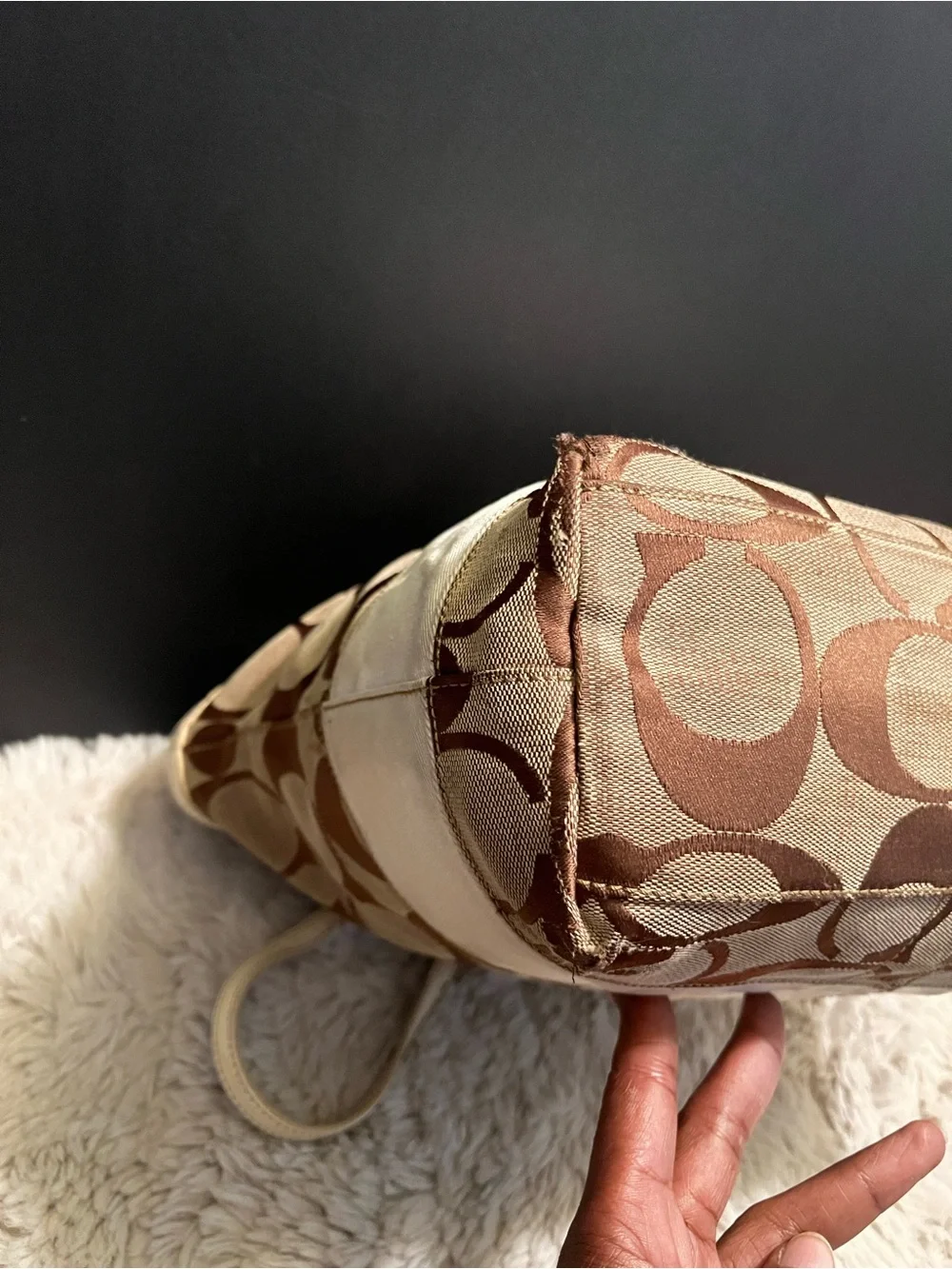 Vintage Coach y2k Two-Tone Signature Stripe Canvas Tote in Brown and Cream